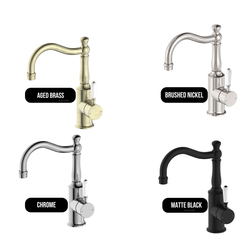 NERO YORK BASIN MIXER HOOK SPOUT WITH WHITE PORCELAIN LEVER 265MM BRUSHED NICKEL