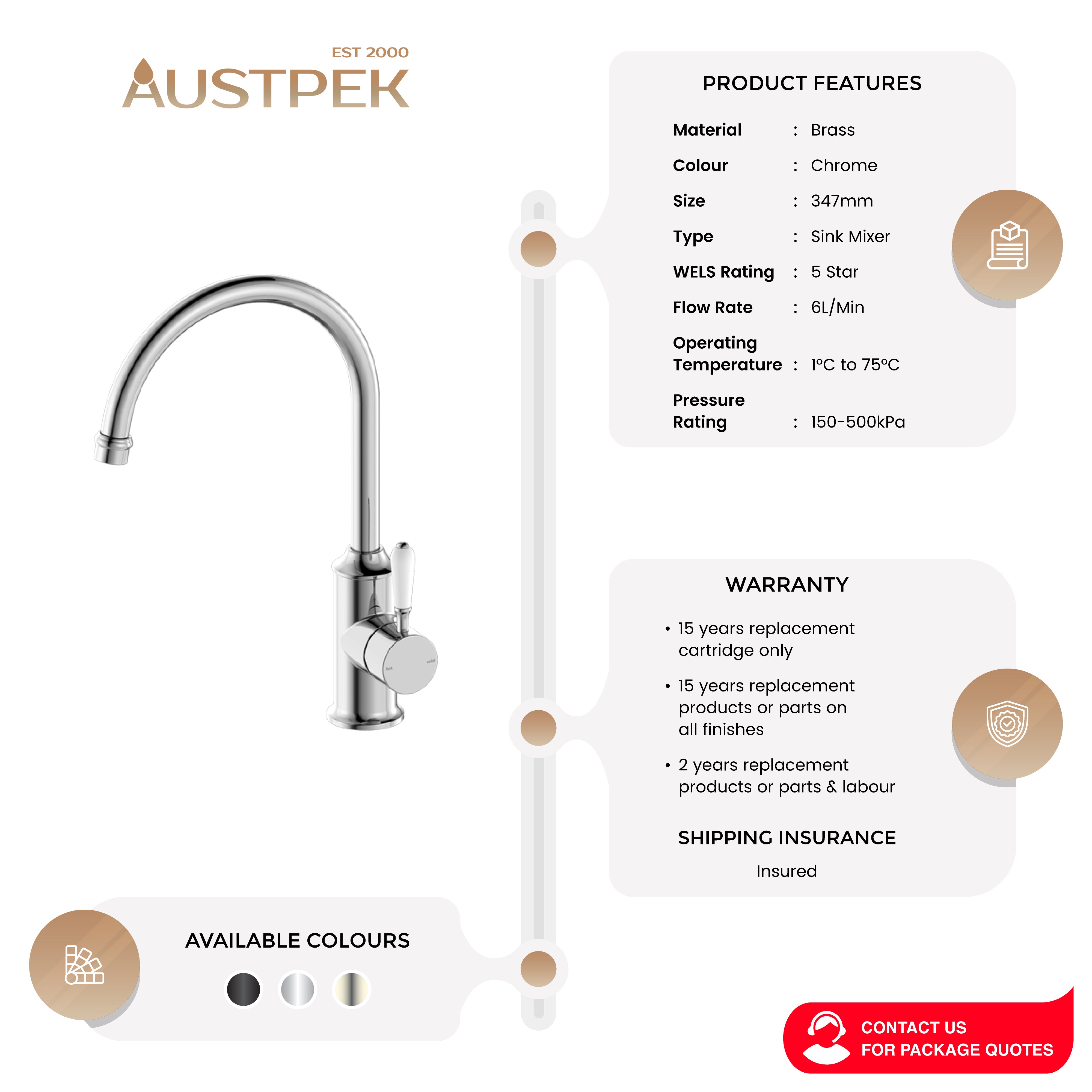 NERO YORK KITCHEN MIXER WITH WHITE PORCELAIN LEVER 347MM CHROME