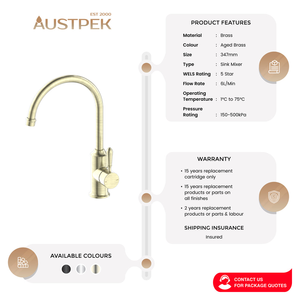 NERO YORK KITCHEN MIXER WITH METAL LEVER 347MM AGED BRASS