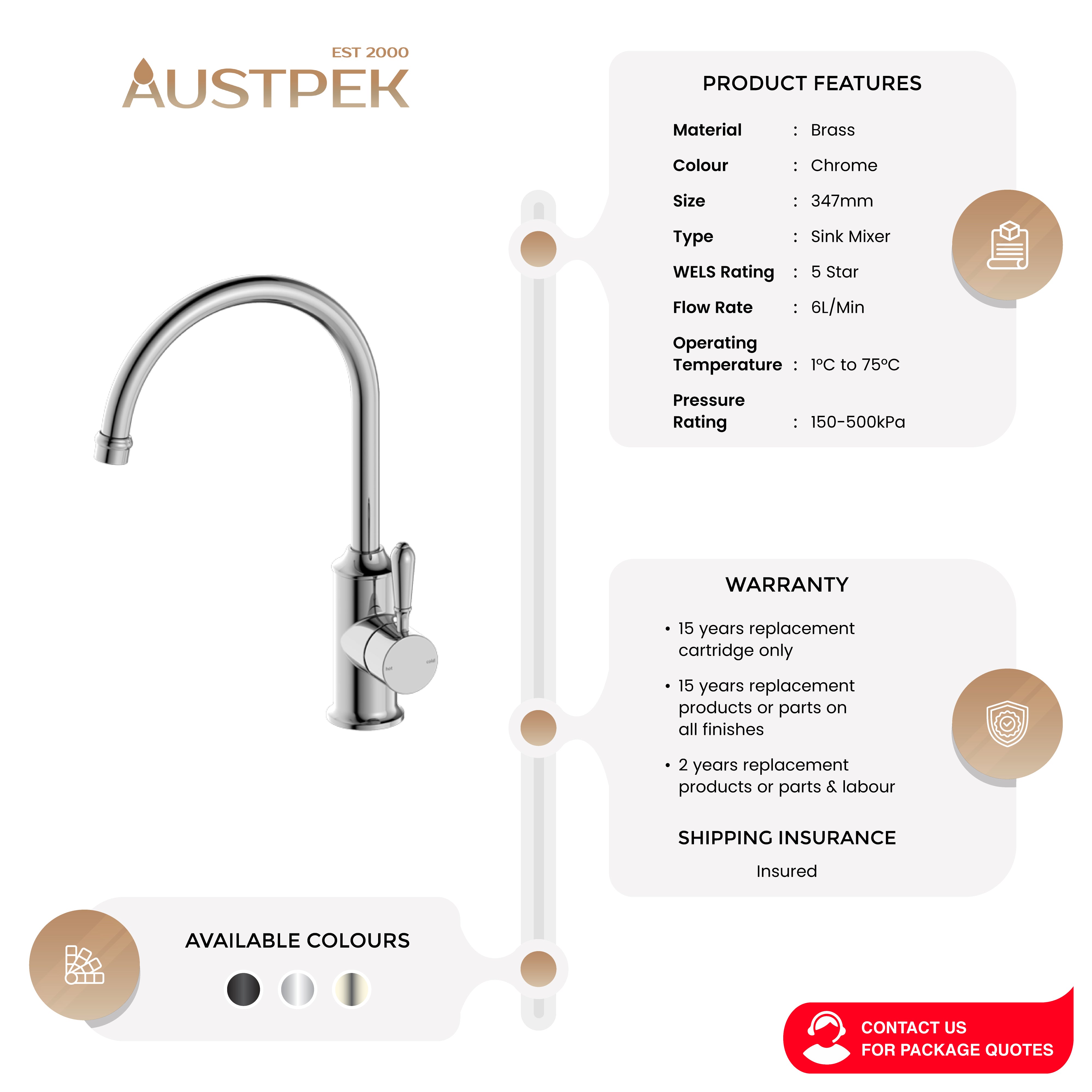 NERO YORK KITCHEN MIXER WITH METAL LEVER 347MM CHROME