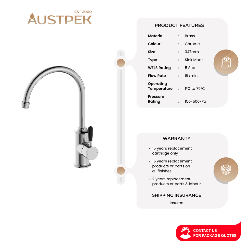 NERO YORK KITCHEN MIXER WITH BLACK PORCELAIN LEVER 347MM CHROME