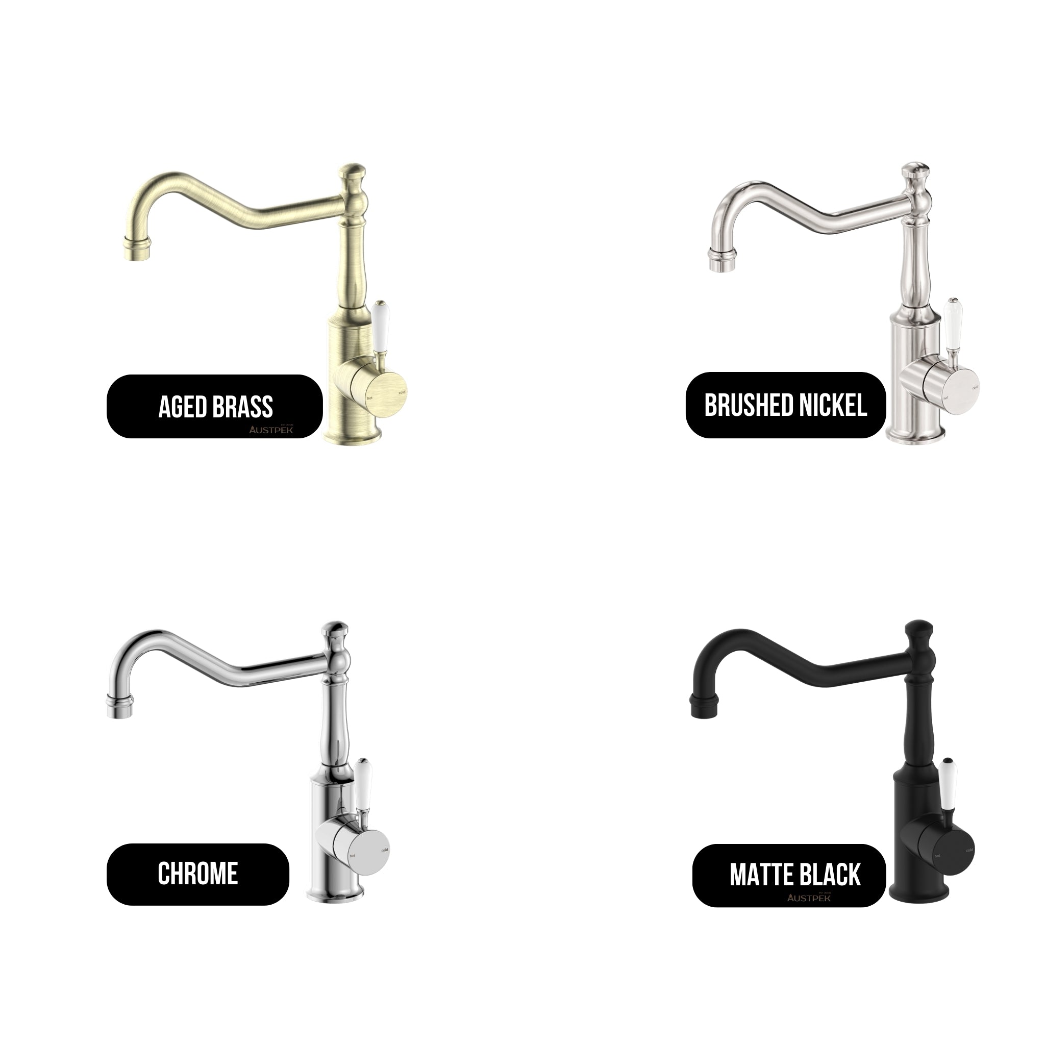 NERO YORK LEAD FREE KITCHEN MIXER HOOK SPOUT WITH WHITE PORCELAIN LEVER 265MM BRUSHED NICKEL