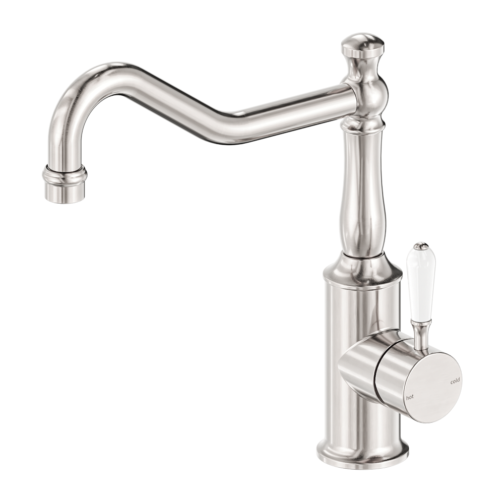 NERO YORK LEAD FREE KITCHEN MIXER HOOK SPOUT WITH WHITE PORCELAIN LEVER 265MM BRUSHED NICKEL