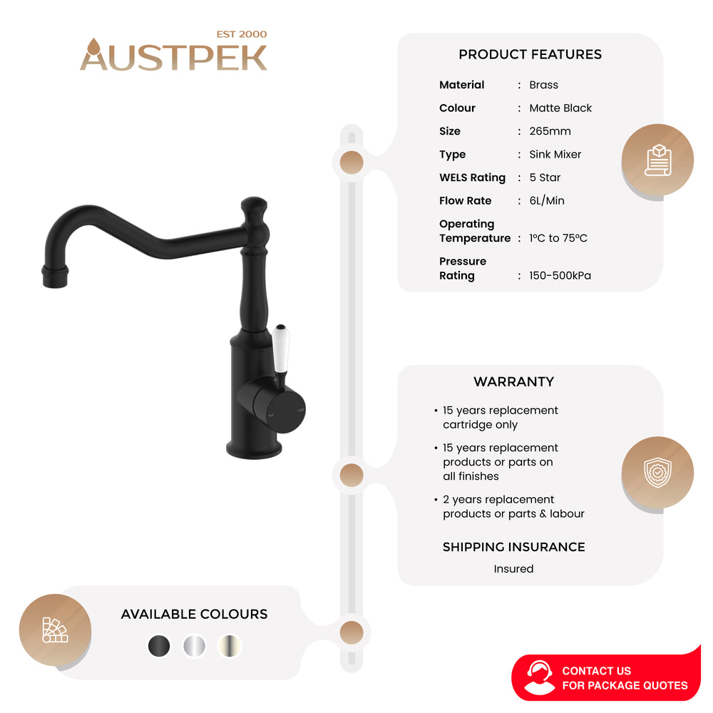 NERO YORK KITCHEN MIXER WITH WHITE PORCELAIN LEVER 265MM MATTE BLACK