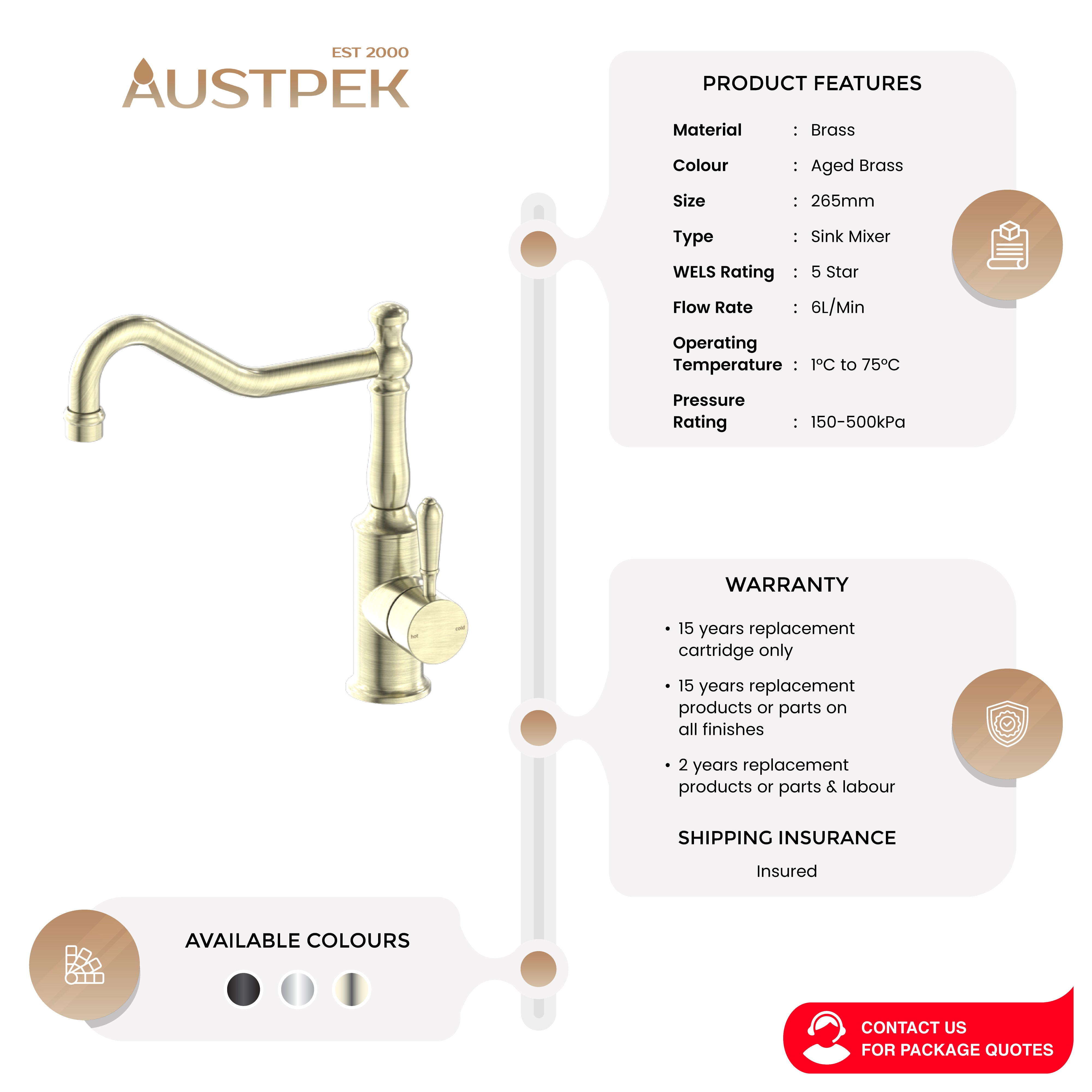 NERO YORK KITCHEN MIXER WITH METAL LEVER 265MM AGED BRASS