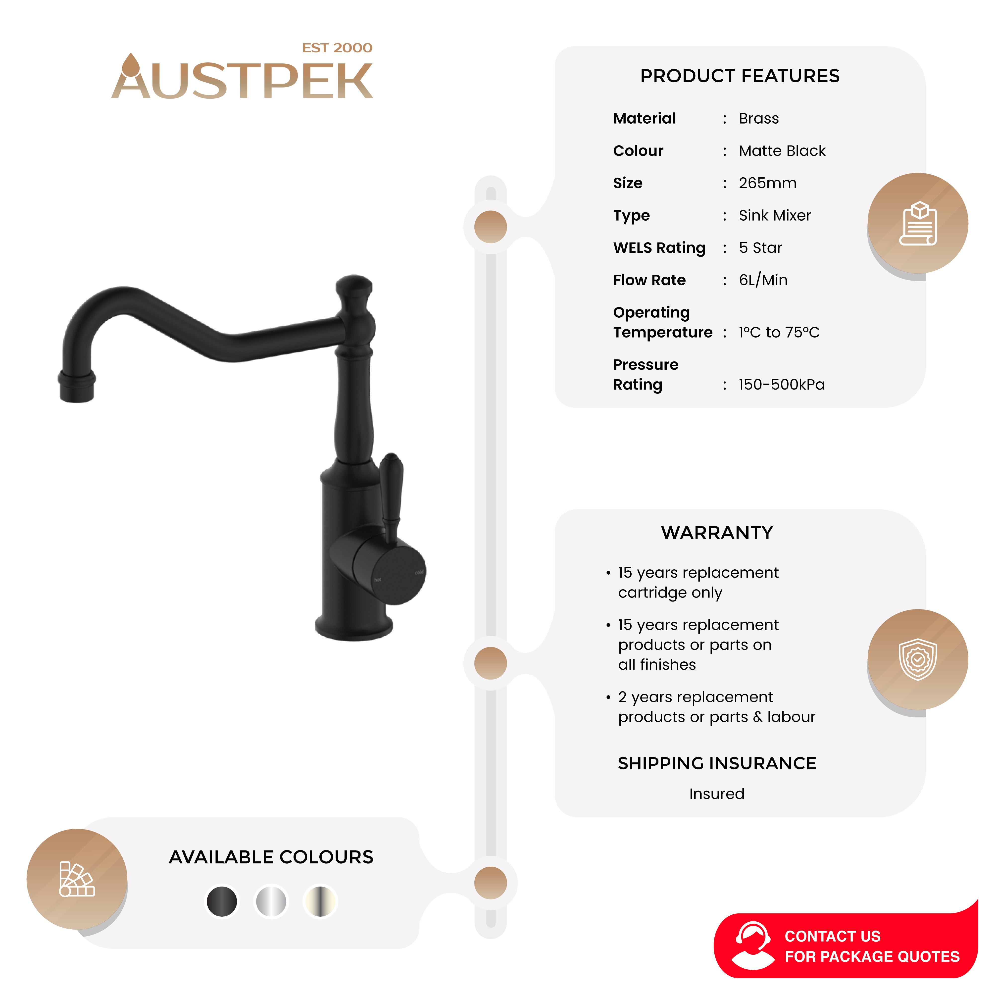 NERO YORK KITCHEN MIXER WITH METAL LEVER 265MM MATTE BLACK