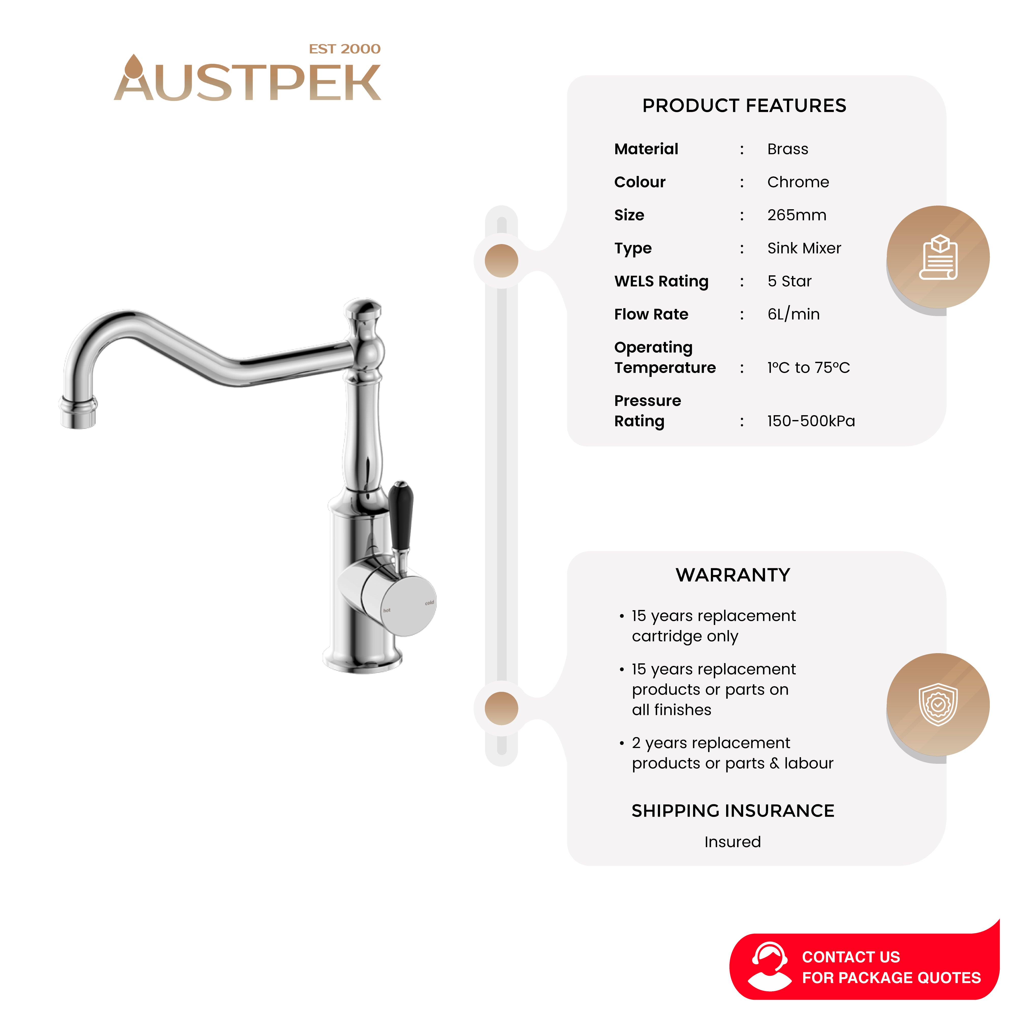 NERO YORK KITCHEN MIXER WITH BLACK PORCELAIN LEVER 265MM CHROME