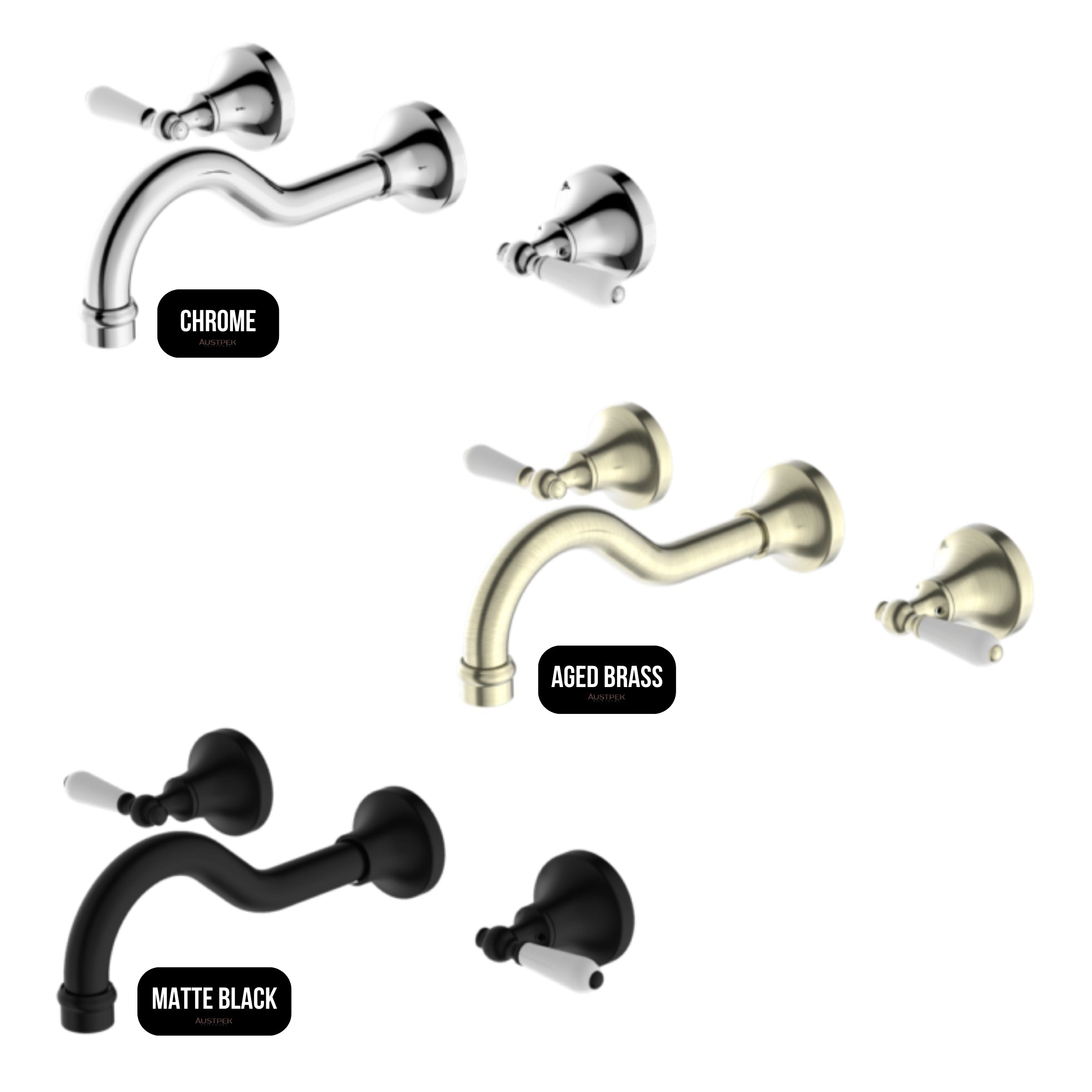 NERO YORK THREE PIECE WALL BASIN SET WITH WHITE PORCELAIN LEVER CHROME