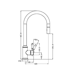 NERO YORK PULL OUT SINK MIXER WITH VEGIE SPRAY FUNCTION WITH WHITE PORCELAIN LEVER 457MM BRUSHED NICKEL