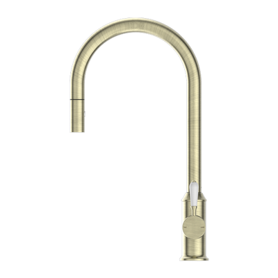 NERO YORK SPRAY PULL OUT SINK MIXER WITH WHITE PORCELAIN LEVER 457MM AGED BRASS