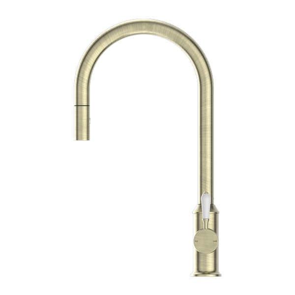 NERO YORK SPRAY PULL OUT SINK MIXER 457MM AGED BRASS WITH WHITE PORCELAIN LEVER