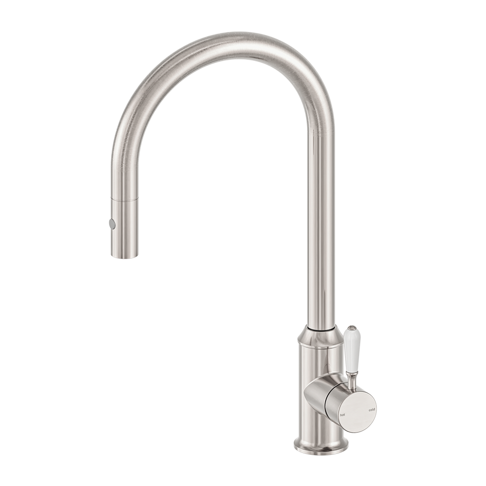 NERO YORK LEAD FREE PULL OUT SINK MIXER WITH VEGIE SPRAY FUNCTION WITH WHITE PORCELAIN LEVER 457MM BRUSHED NICKEL