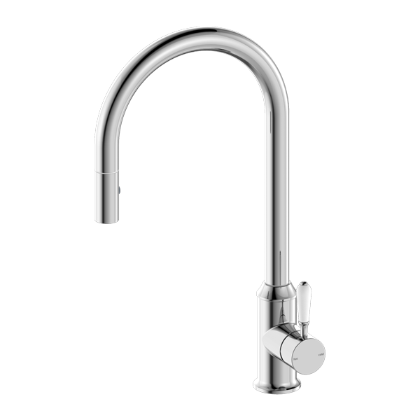 NERO YORK SPRAY PULL OUT SINK MIXER WITH WHITE PORCELAIN LEVER 457MM CHROME