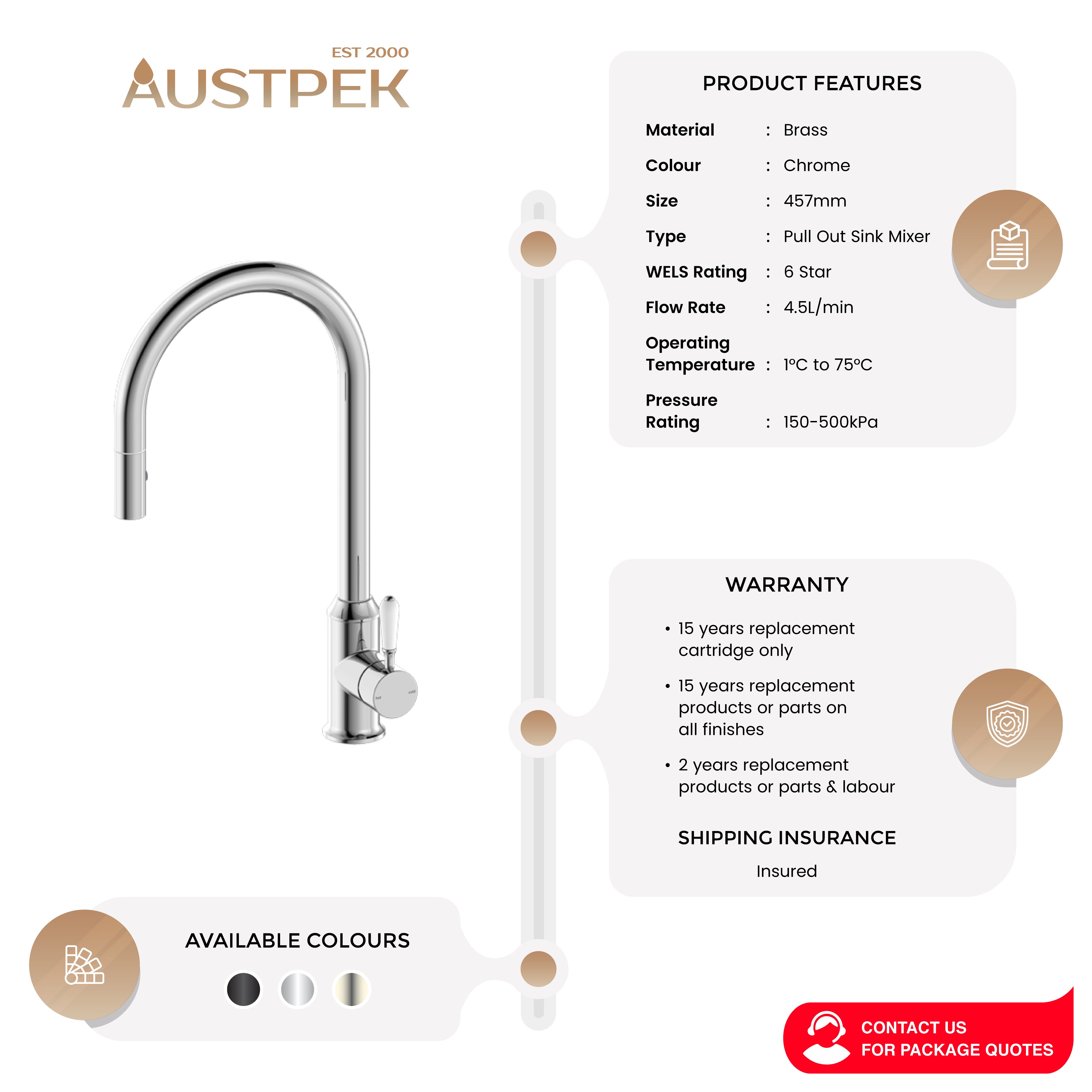 NERO YORK SPRAY PULL OUT SINK MIXER WITH WHITE PORCELAIN LEVER 457MM CHROME