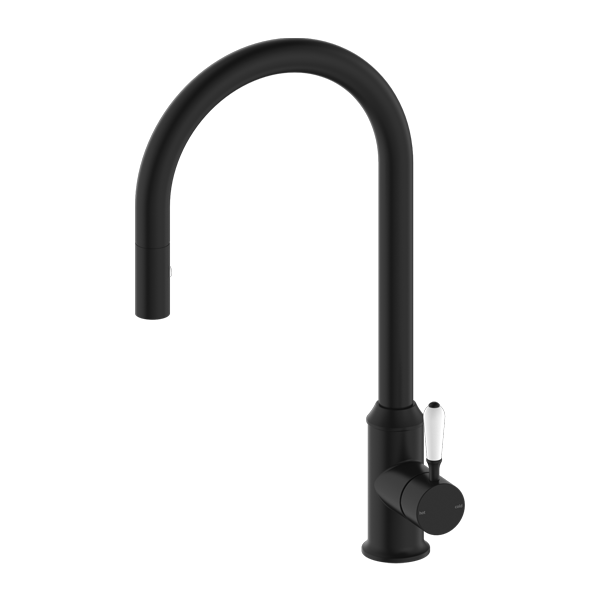 NERO YORK SPRAY PULL OUT SINK MIXER WITH WHITE PORCELAIN LEVER 457MM MATTE BLACK