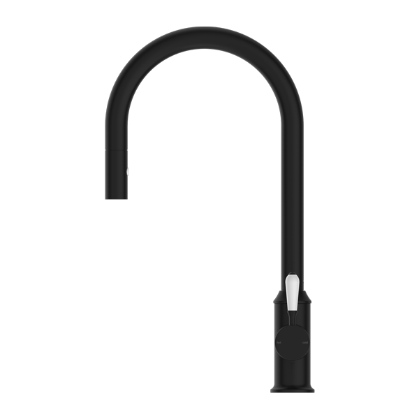 NERO YORK SPRAY PULL OUT SINK MIXER WITH WHITE PORCELAIN LEVER 457MM MATTE BLACK