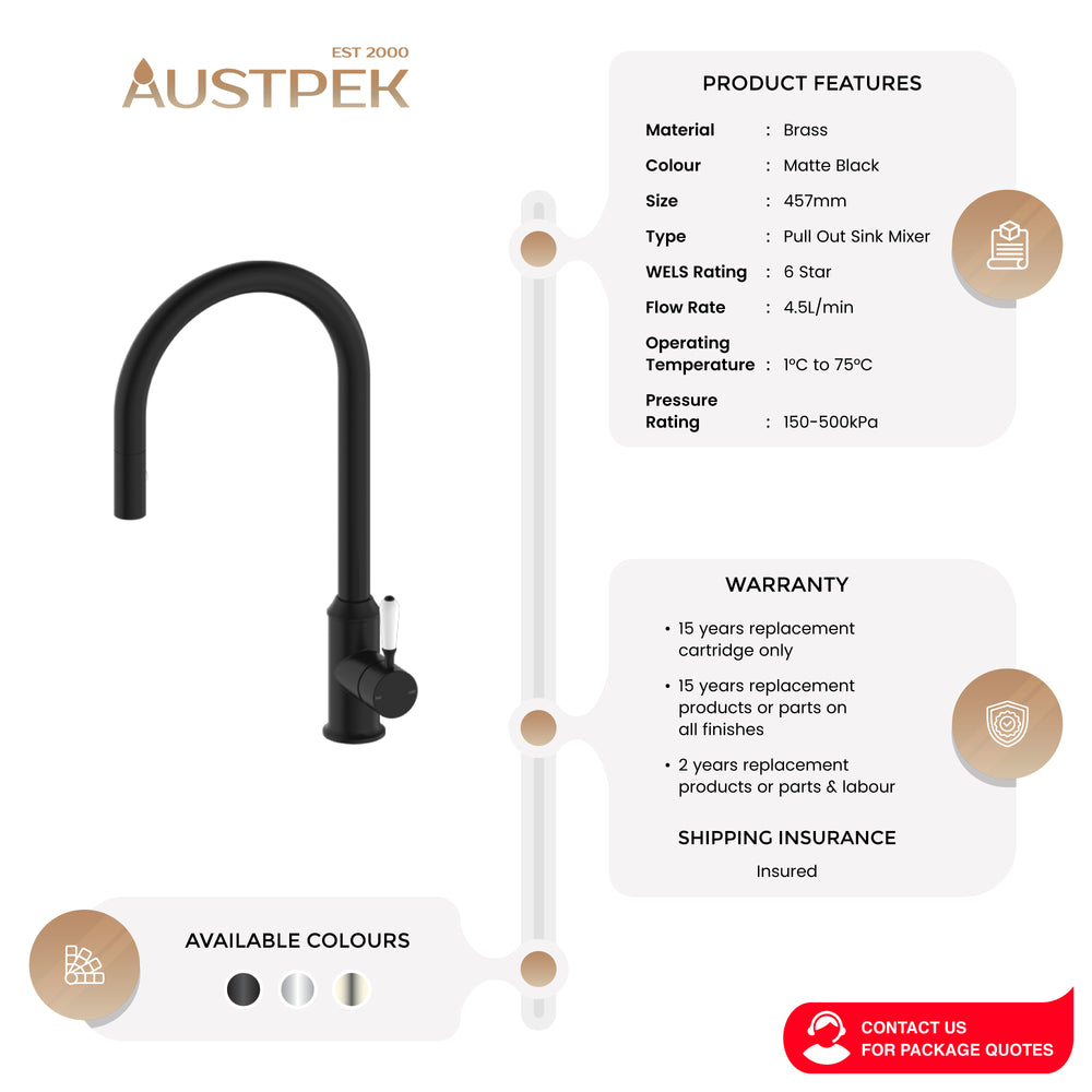 NERO YORK SPRAY PULL OUT SINK MIXER WITH WHITE PORCELAIN LEVER 457MM MATTE BLACK