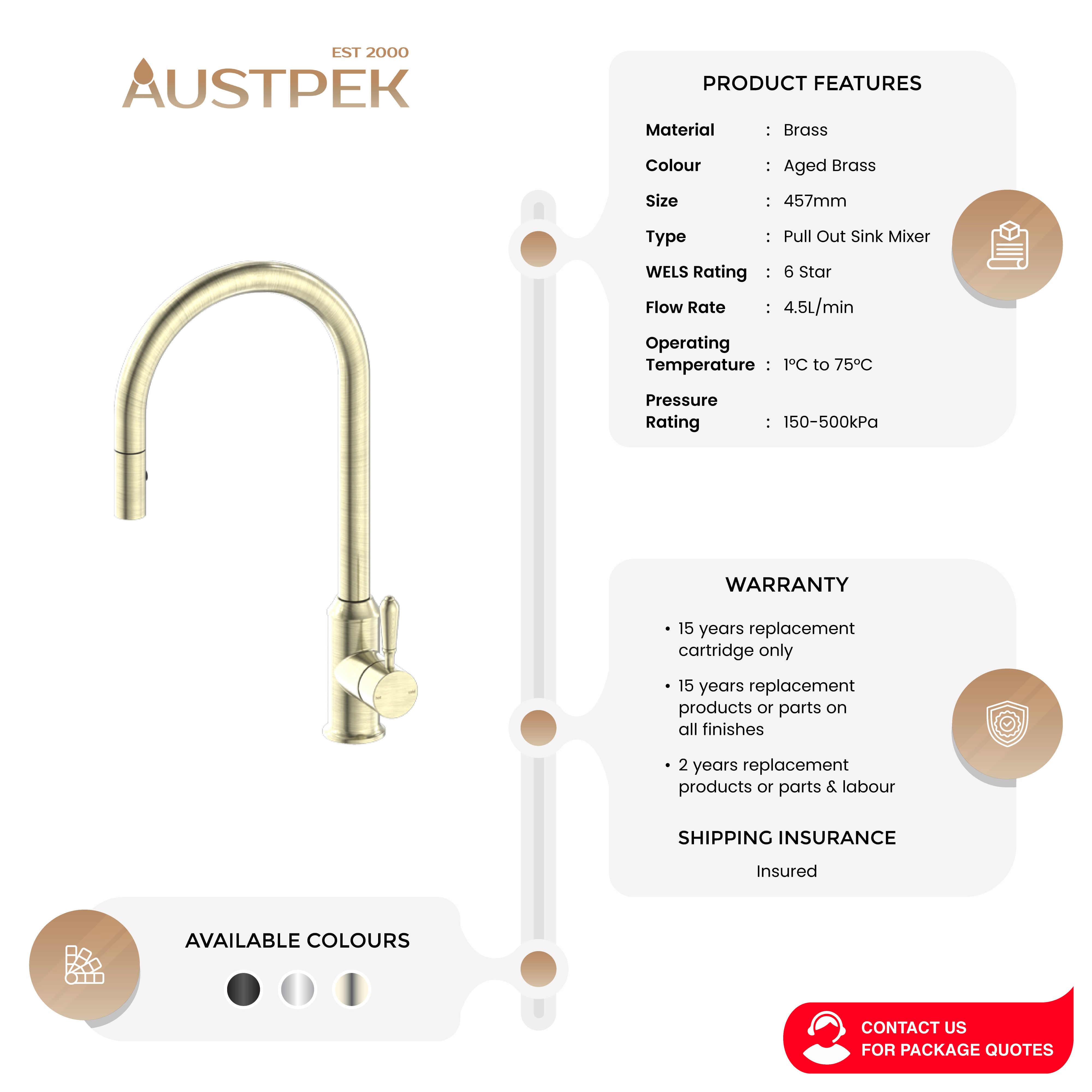 NERO YORK SPRAY PULL OUT SINK MIXER METAL LEVER 457MM AGED BRASS