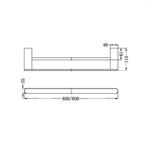 NERO BIANCA NON-HEATED DOUBLE TOWEL RAIL BRUSHED NICKEL (AVAILABLE IN 600MM AND 800MM)