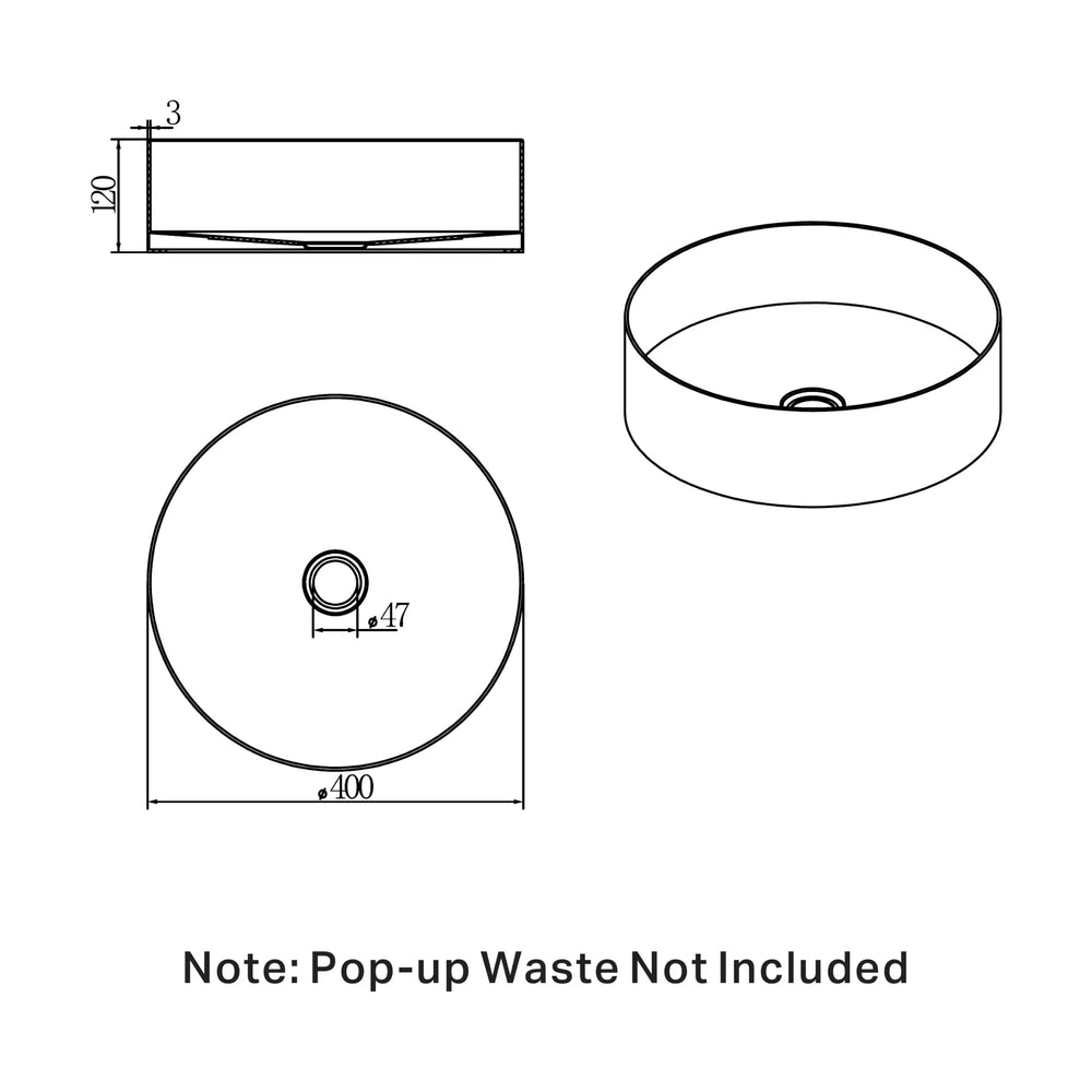 NERO OPAL ROUND STAINLESS STEEL BASIN GRAPHITE 400MM
