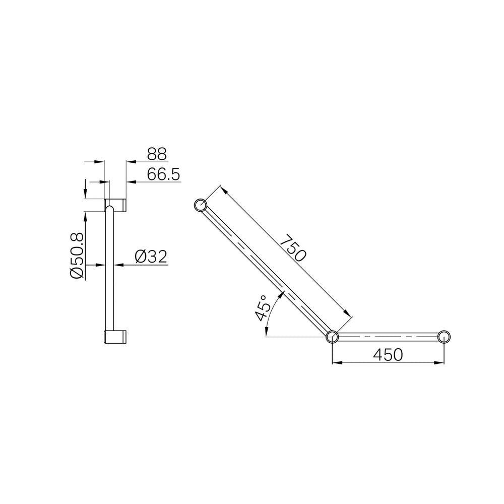 NERO MECCA CARE 32MM AMBULANT TOILET GRAB RAIL 45° 750X450MM BRUSHED GOLD