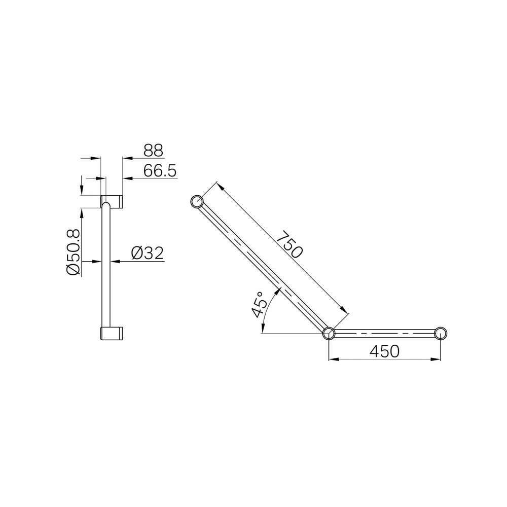 NERO MECCA CARE 32MM AMBULANT TOILET GRAB RAIL 45° 750X450MM BRUSHED NICKEL