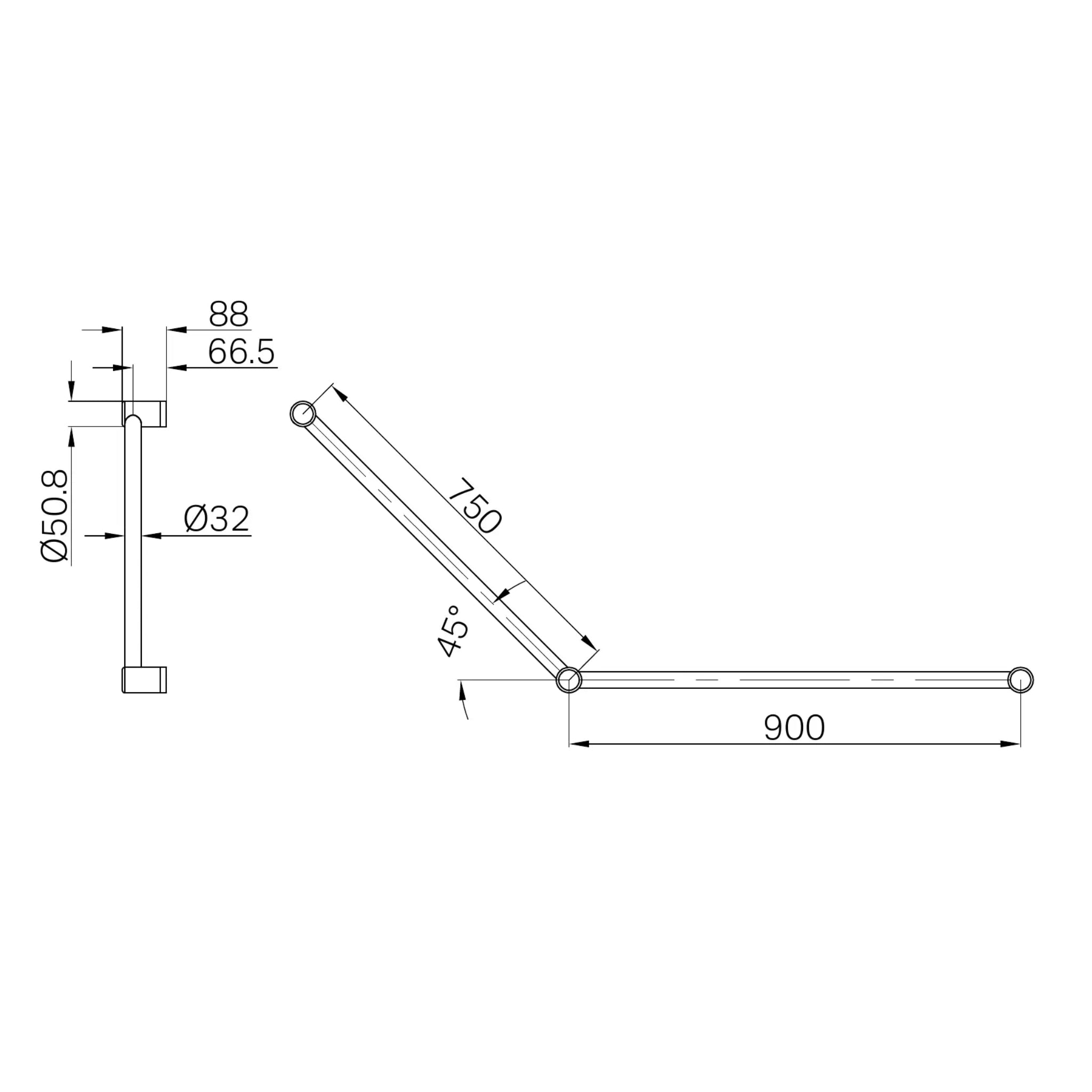 NERO MECCA CARE 32MM DDA ACCESSIBLE TOILET GRAB RAIL SET 45 DEGREE 750X900MM MATTE BLACK