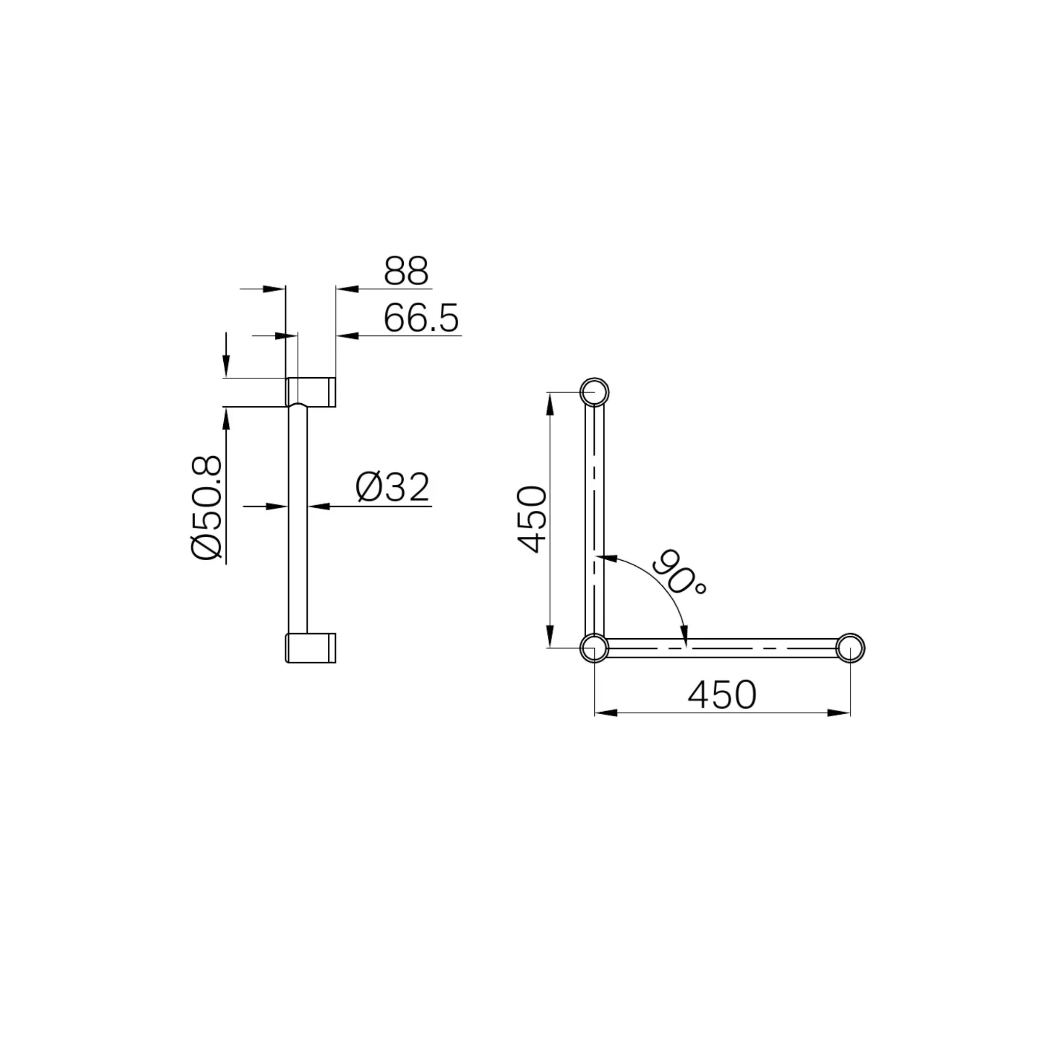 NERO MECCA CARE 32MM TOILET GRAB RAIL 90° 450X450MM BRUSHED GOLD