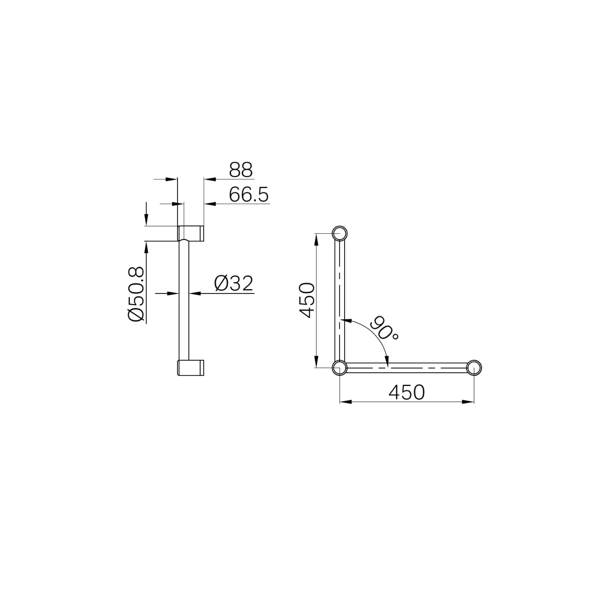 NERO MECCA CARE 32MM TOILET GRAB RAIL 90° 450X450MM BRUSHED NICKEL