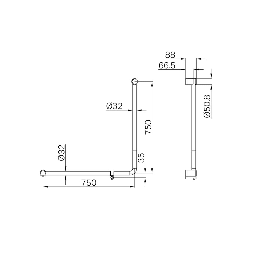 NERO MECCA CARE 90 DEGREE TOILET GRAB RAIL 750X750MM BRUSHED NICKEL