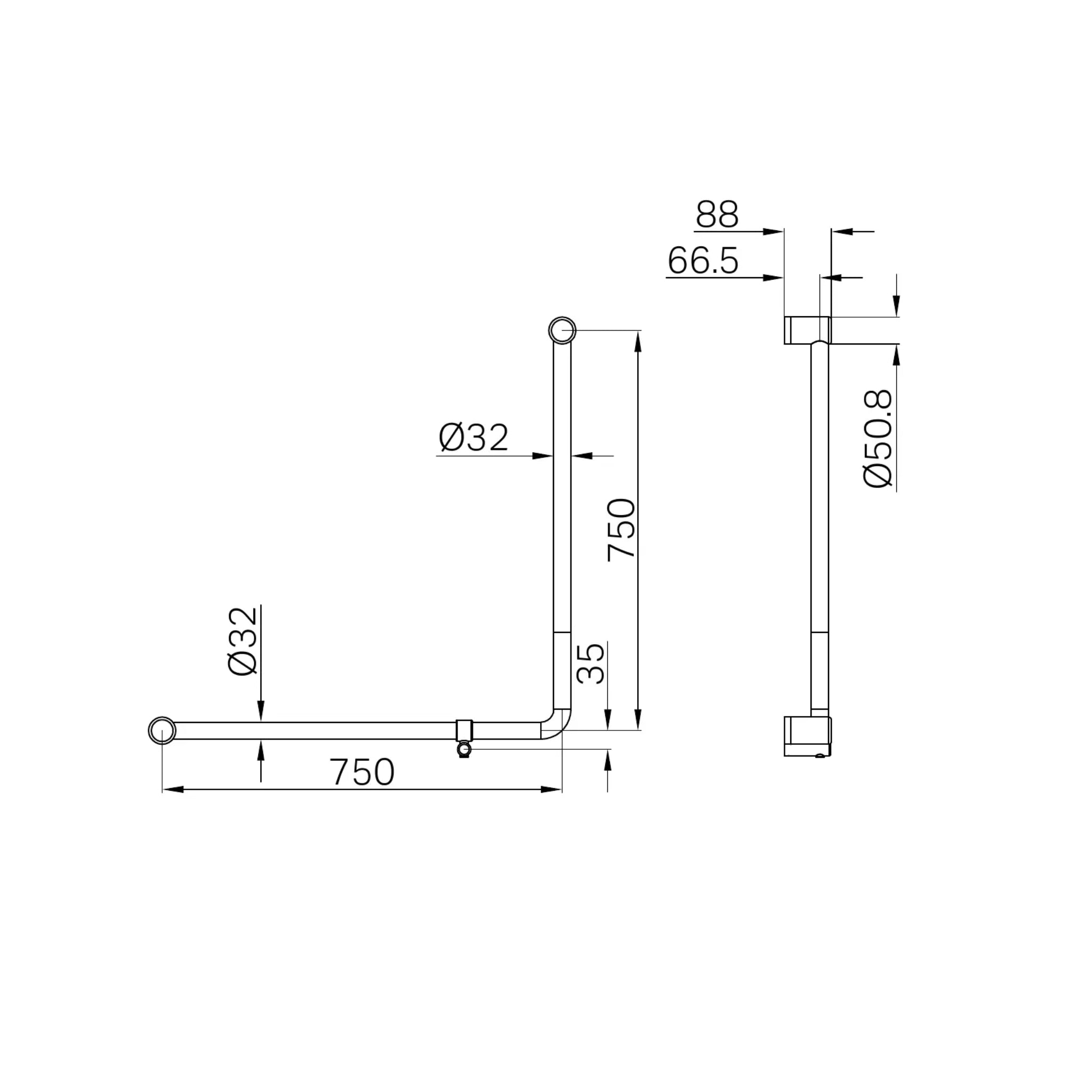 NERO MECCA CARE 90 DEGREE TOILET GRAB RAIL 750X750MM CHROME