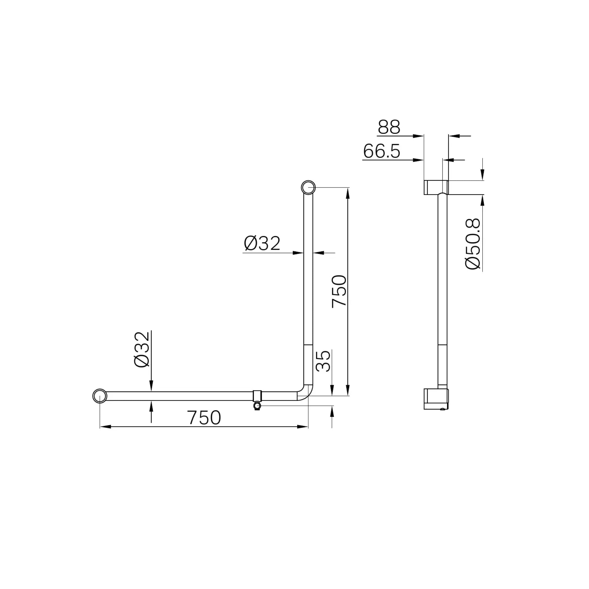 NERO MECCA CARE 90 DEGREE TOILET GRAB RAIL 750X750MM MATTE BLACK