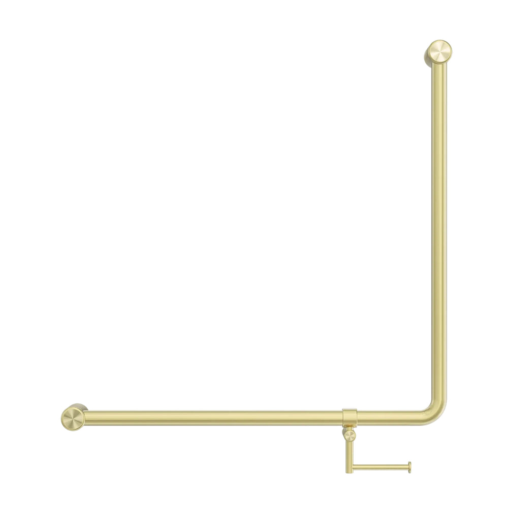 NERO MECCA CARE 90 DEGREE GRAB RAIL WITH TOILET ROLL HOLDER 750X750MM BRUSHED GOLD