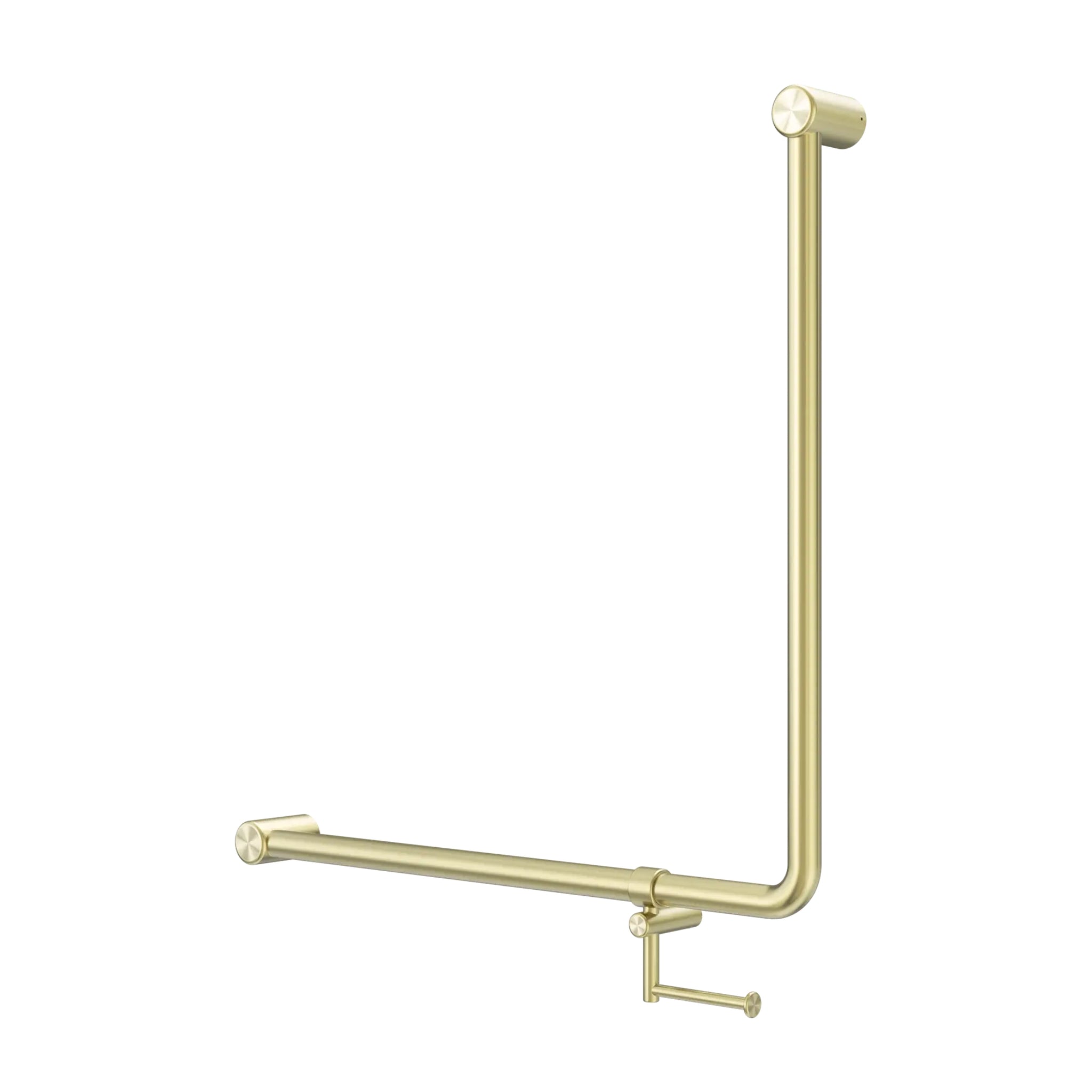 NERO MECCA CARE 90 DEGREE GRAB RAIL WITH TOILET ROLL HOLDER 750X750MM BRUSHED GOLD