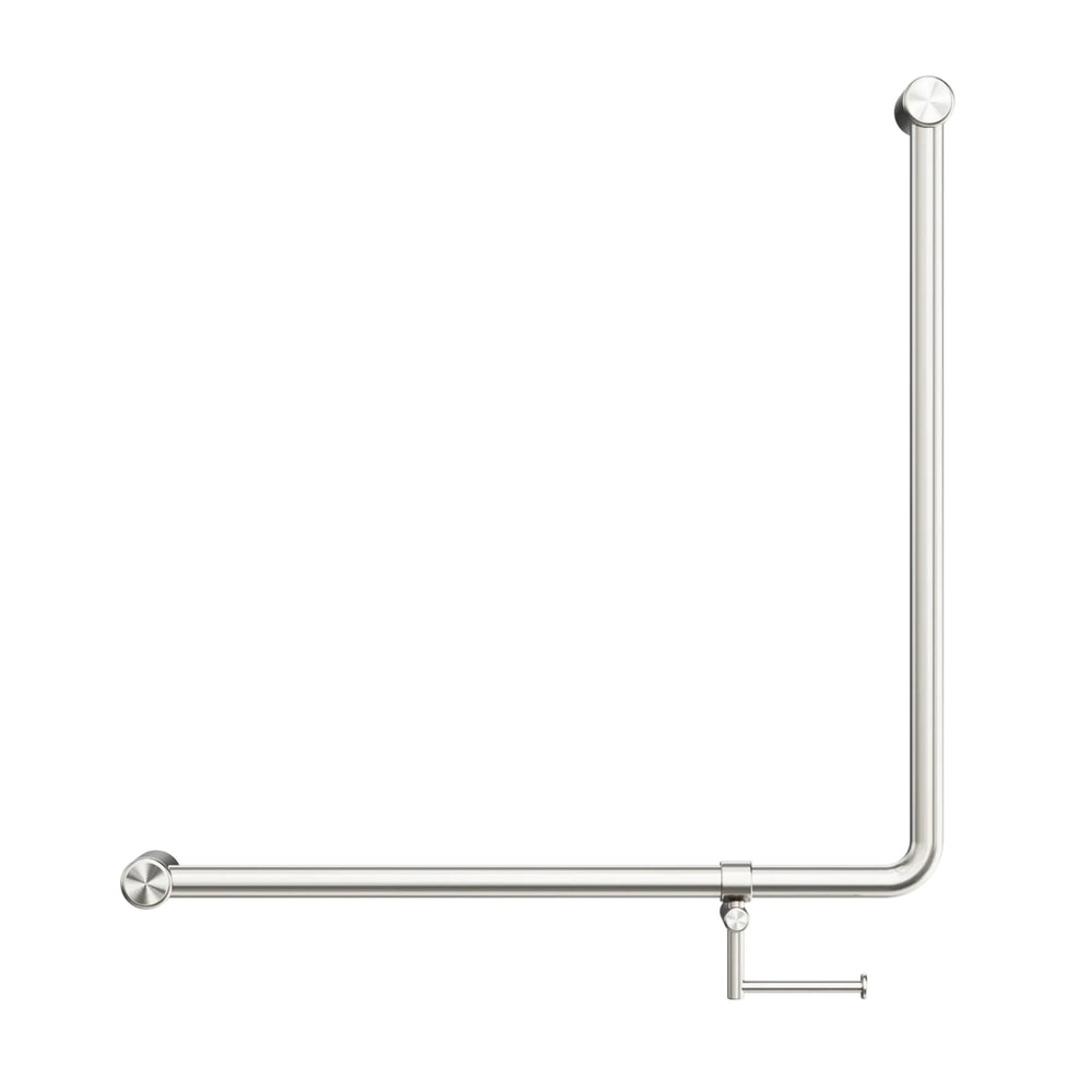 NERO MECCA CARE 90 DEGREE GRAB RAIL WITH TOILET ROLL HOLDER 750X750MM BRUSHED NICKEL