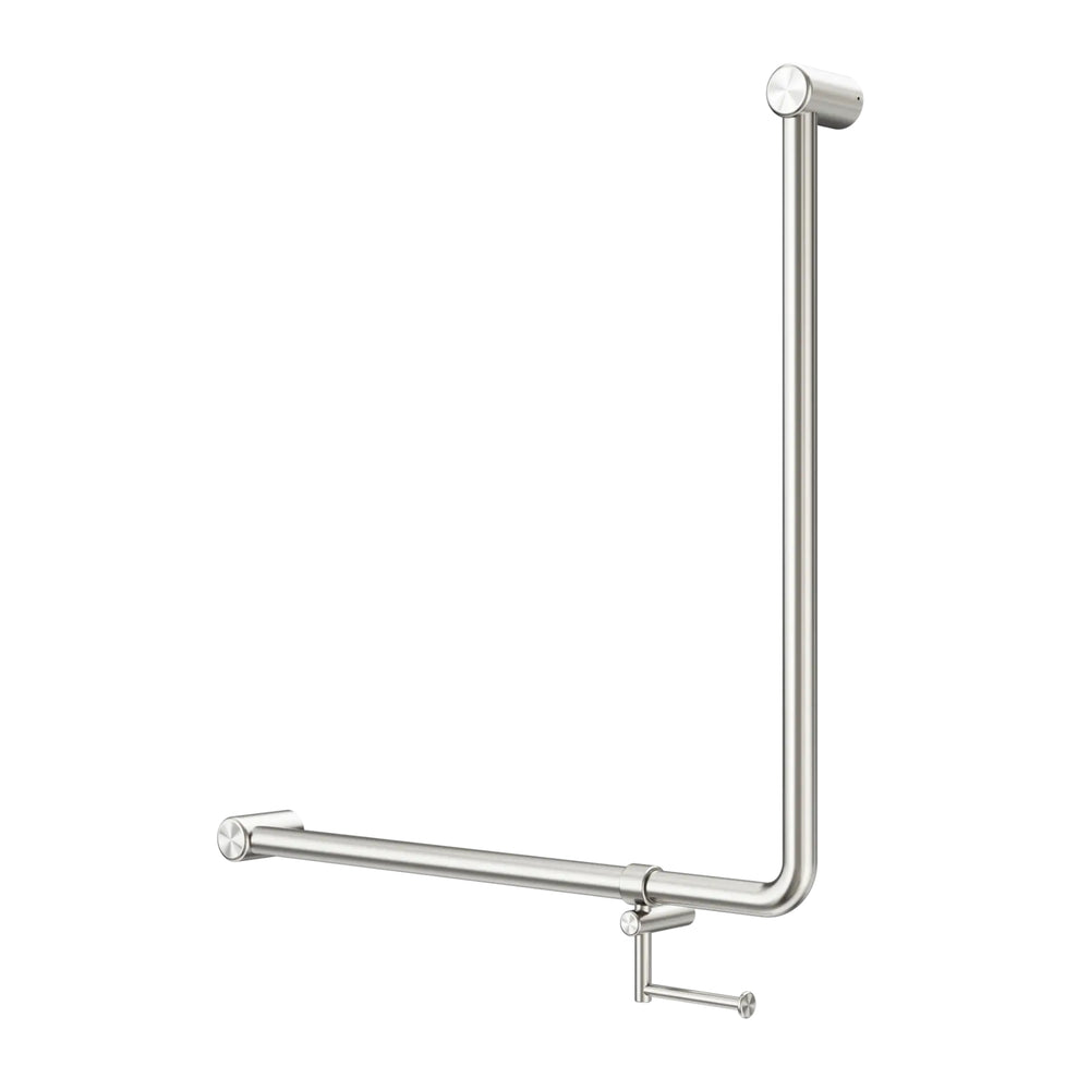 NERO MECCA CARE 90 DEGREE GRAB RAIL WITH TOILET ROLL HOLDER 750X750MM BRUSHED NICKEL