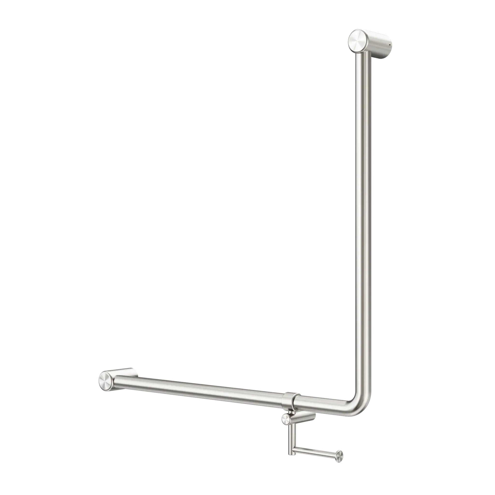 NERO MECCA CARE 90 DEGREE GRAB RAIL WITH TOILET ROLL HOLDER 750X750MM BRUSHED NICKEL