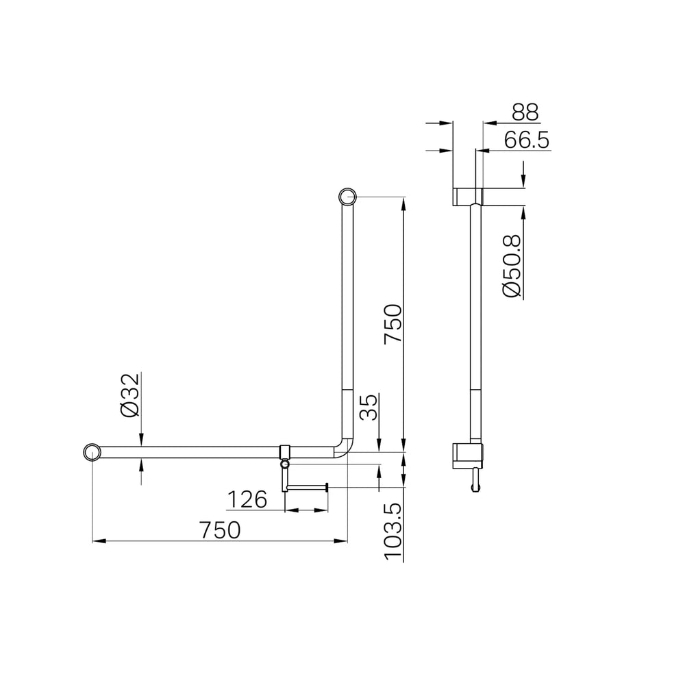 NERO MECCA CARE 90 DEGREE GRAB RAIL WITH TOILET ROLL HOLDER 750X750MM BRUSHED NICKEL