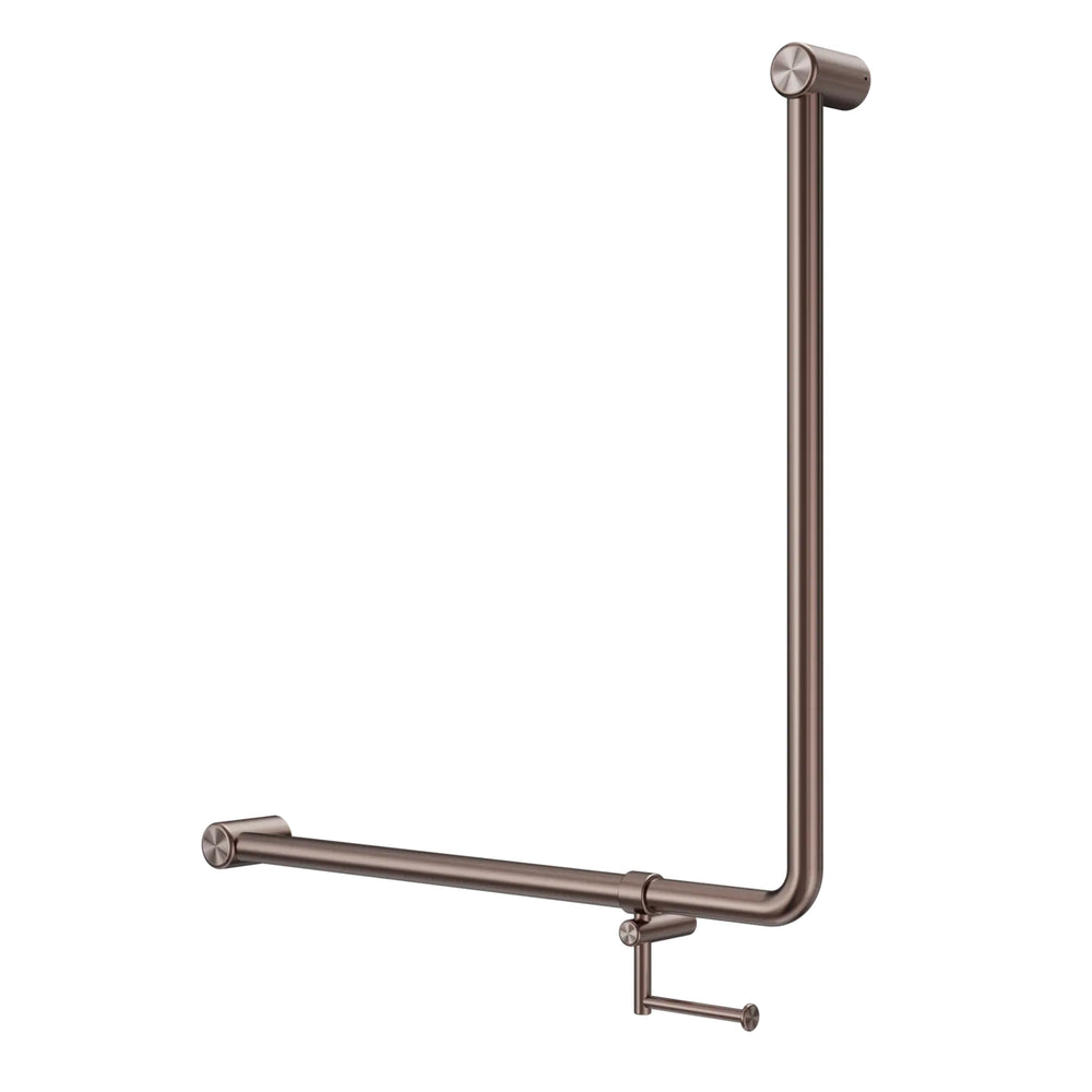 NERO MECCA CARE 90 DEGREE GRAB RAIL WITH TOILET ROLL HOLDER 750X750MM BRUSHED BRONZE