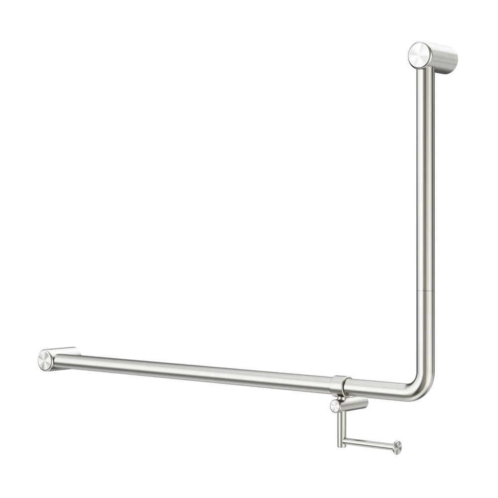 NERO MECCA CARE 32MM DDA ACCESSIBLE 90 DEGREE BENT TUBE GRAB RAIL WITH TOILET ROLL HOLDER 600X1000MM BRUSHED NICKEL