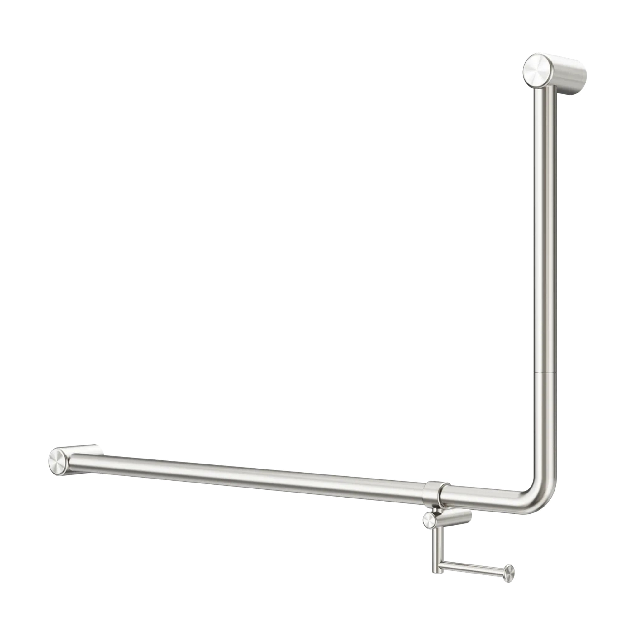 NERO MECCA CARE 32MM DDA ACCESSIBLE 90 DEGREE BENT TUBE GRAB RAIL WITH TOILET ROLL HOLDER 600X1000MM BRUSHED NICKEL