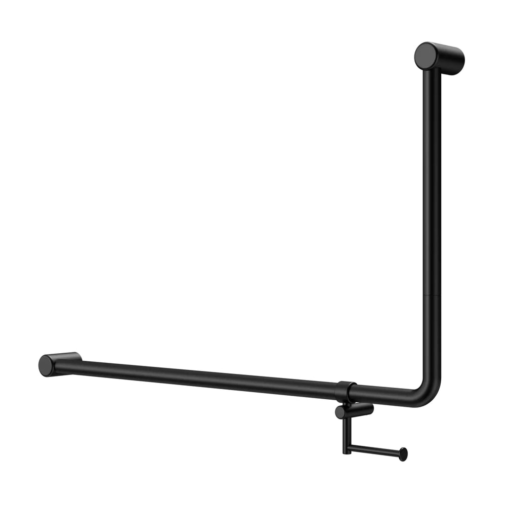 NERO MECCA CARE 32MM DDA ACCESSIBLE 90 DEGREE BENT TUBE GRAB RAIL WITH TOILET ROLL HOLDER 600X1000MM MATTE BLACK