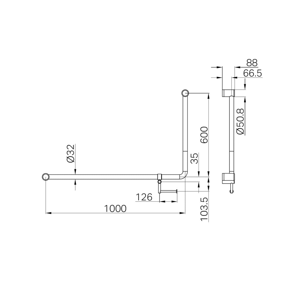NERO MECCA CARE 32MM DDA ACCESSIBLE 90 DEGREE BENT TUBE GRAB RAIL WITH TOILET ROLL HOLDER 600X1000MM MATTE BLACK
