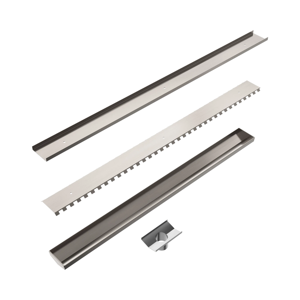 NERO TILE INSERT V CHANNEL 800X82MM FLOOR GRATE 50MM OUTLET BRUSHED NICKEL