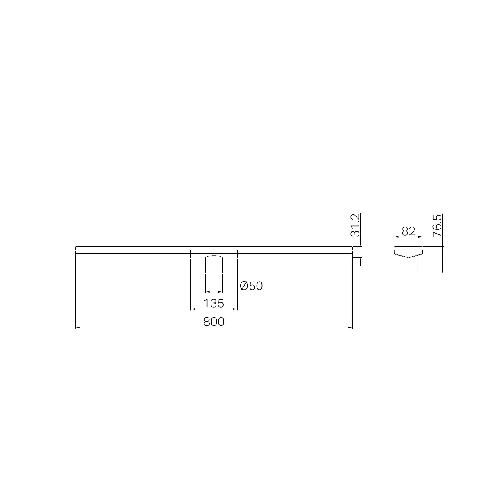 NERO TILE INSERT V CHANNEL 800X82MM FLOOR GRATE 50MM OUTLET MATTE BLACK