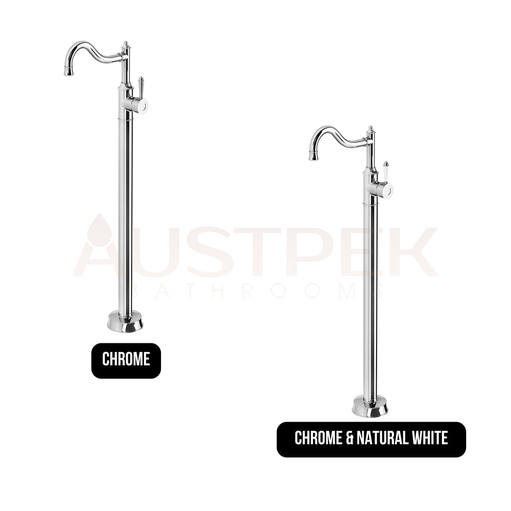 PHOENIX NOSTALGIA FLOOR MOUNTED BATH MIXER SHEPHERDS CROOK 964MM CHROME AND NATURAL WHITE
