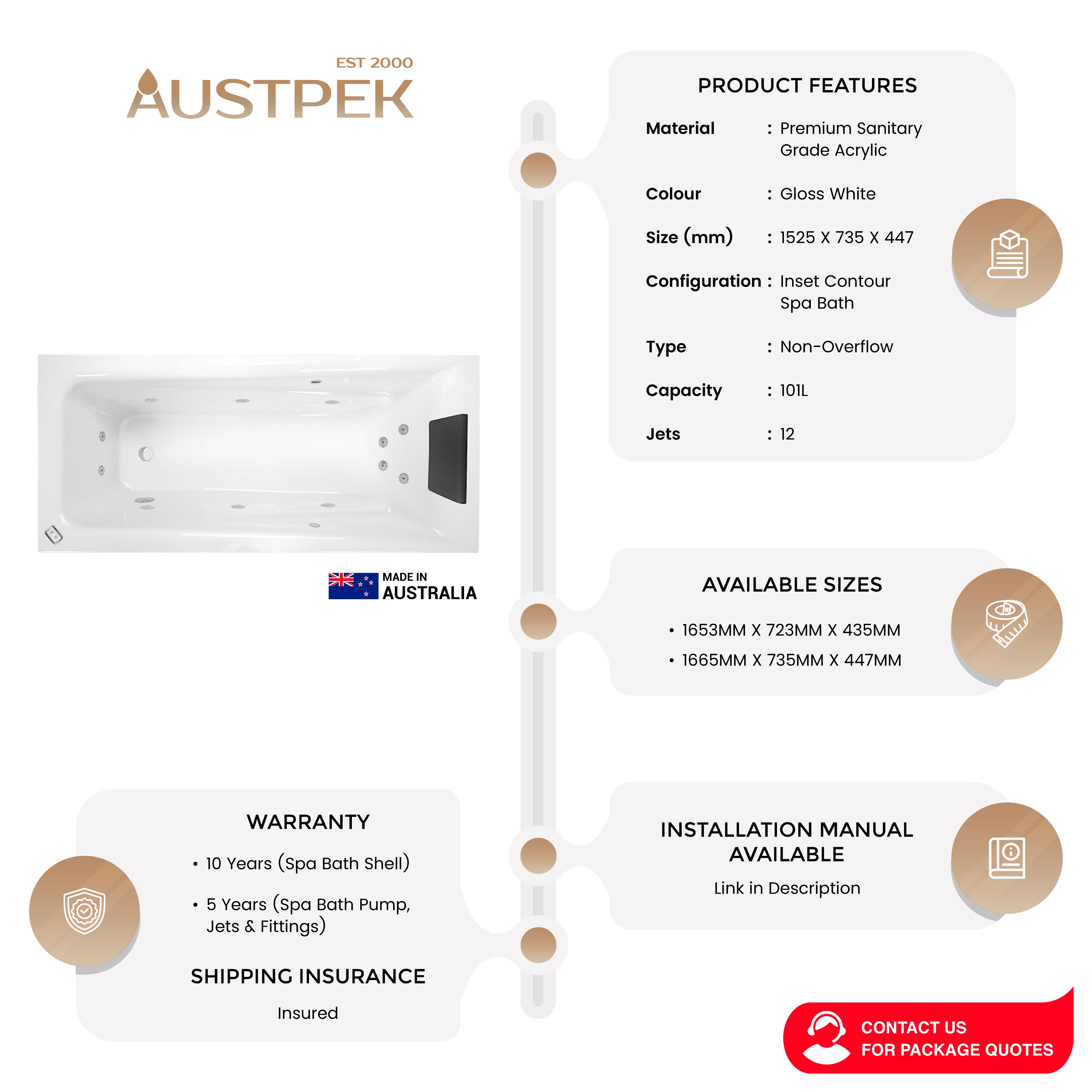 DECINA NOVARA INSET CONTOUR SPA BATH GLOSS WHITE (AVAILABLE IN 1525MM, 1653MM AND 1665MM) WITH 12-JETS
