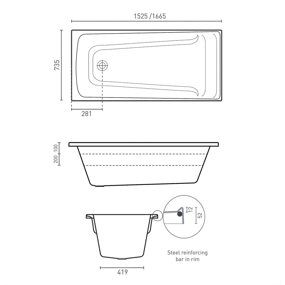 DECINA NOVARA INSET CONTOUR SPA BATH GLOSS WHITE (AVAILABLE IN 1525MM, 1653MM AND 1665MM) WITH 12-JETS