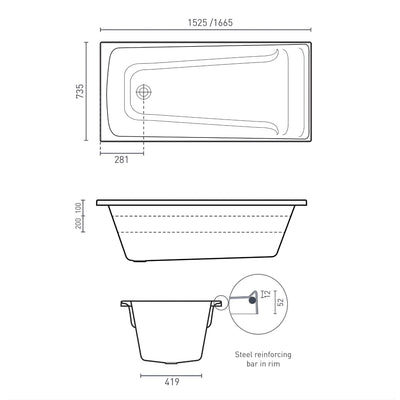 DECINA NOVARA INSET SANTAI SPA BATH GLOSS WHITE (AVAILABLE IN 1525MM, 1653MM AND 1665MM) WITH 10-JETS
