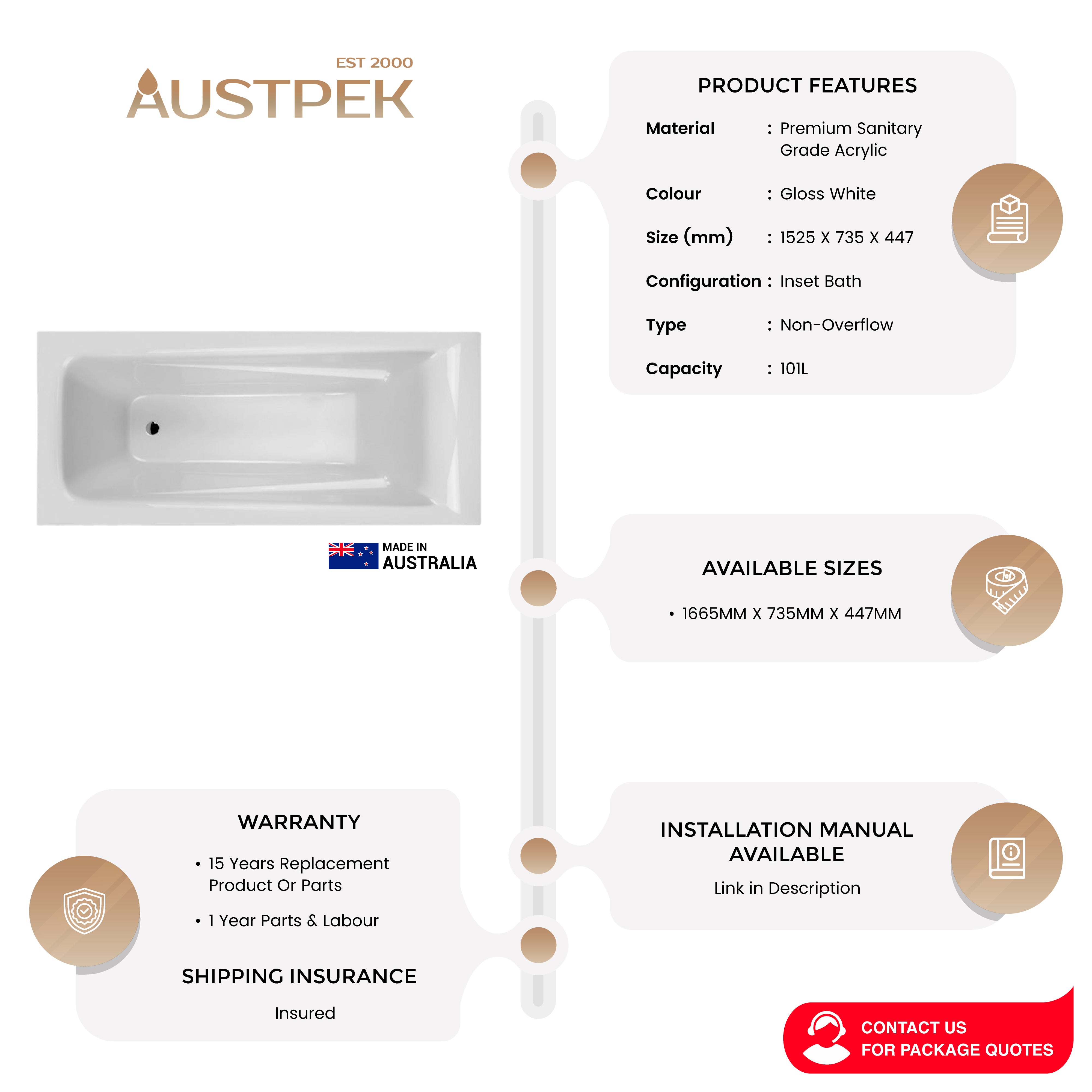 DECINA NOVARA INSET BATH GLOSS WHITE (AVAILABLE IN 1525MM, 1650MM AND 1665MM)
